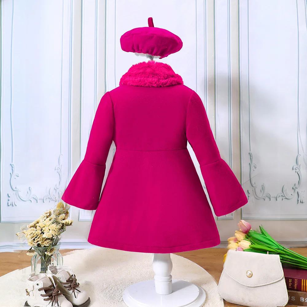 Mädchen-Herbst-Wintermantel, neue einfarbige Jacke für Mädchen mit Baskenmütze, warme, mittellange Oberbekleidung für Herbst und Winter. – Detail 6