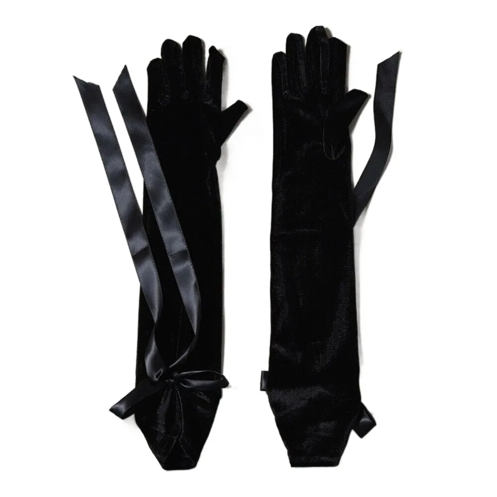 Retro Ribbon Bridal Gloves Velvet Tie Bow Mittens Elegant Banquet Decor Cosplay Long Gloves