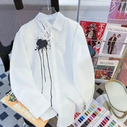 Japanese Retro Splashed Ink Print Men's 2024 New Patchwork Square Collar Button Fashion Solid Color Casual Long Sleeve Shirts