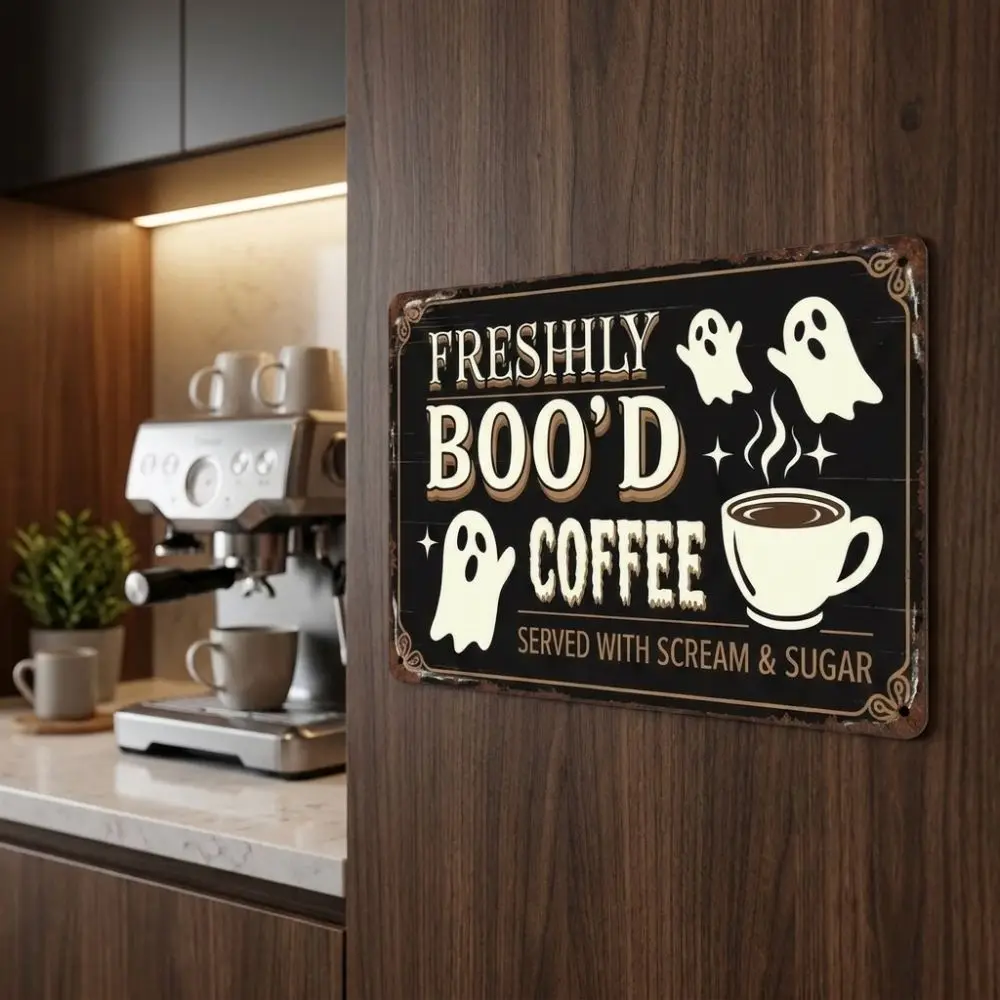 2D Flat Halloween Ghost Coffee Wooden Sign Vintage Style Funny Coffee Bar Wall Art Sign Coffee Saying Coffee Element Print