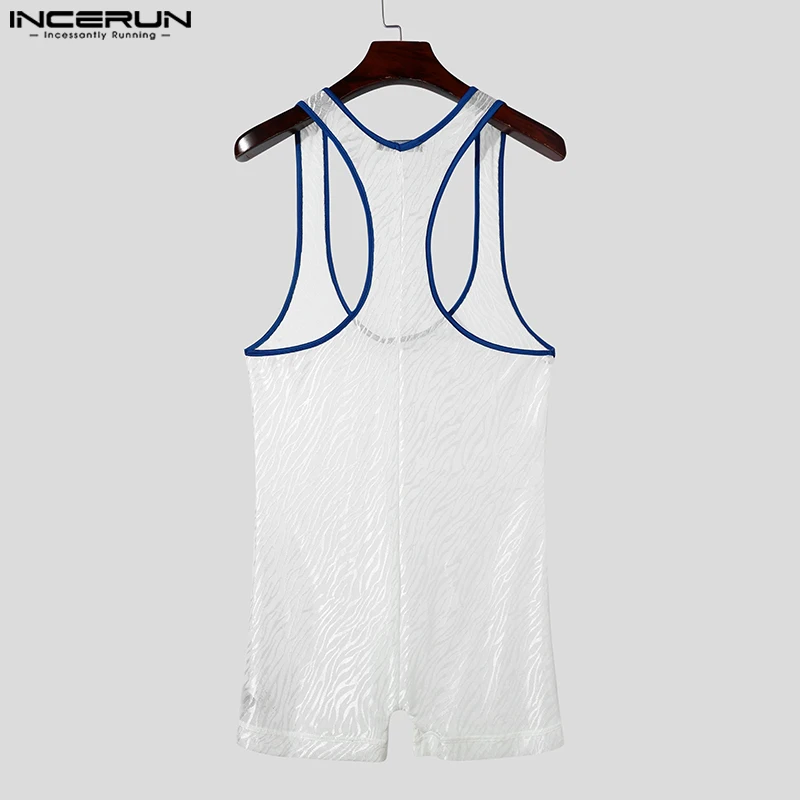 INCERUN 2024 Sexy Style Men Jumpsuits Fashion Line Print Shorts Rompers Casual Sleepwear Flat Cornered Sleeveless Male Bodysuits