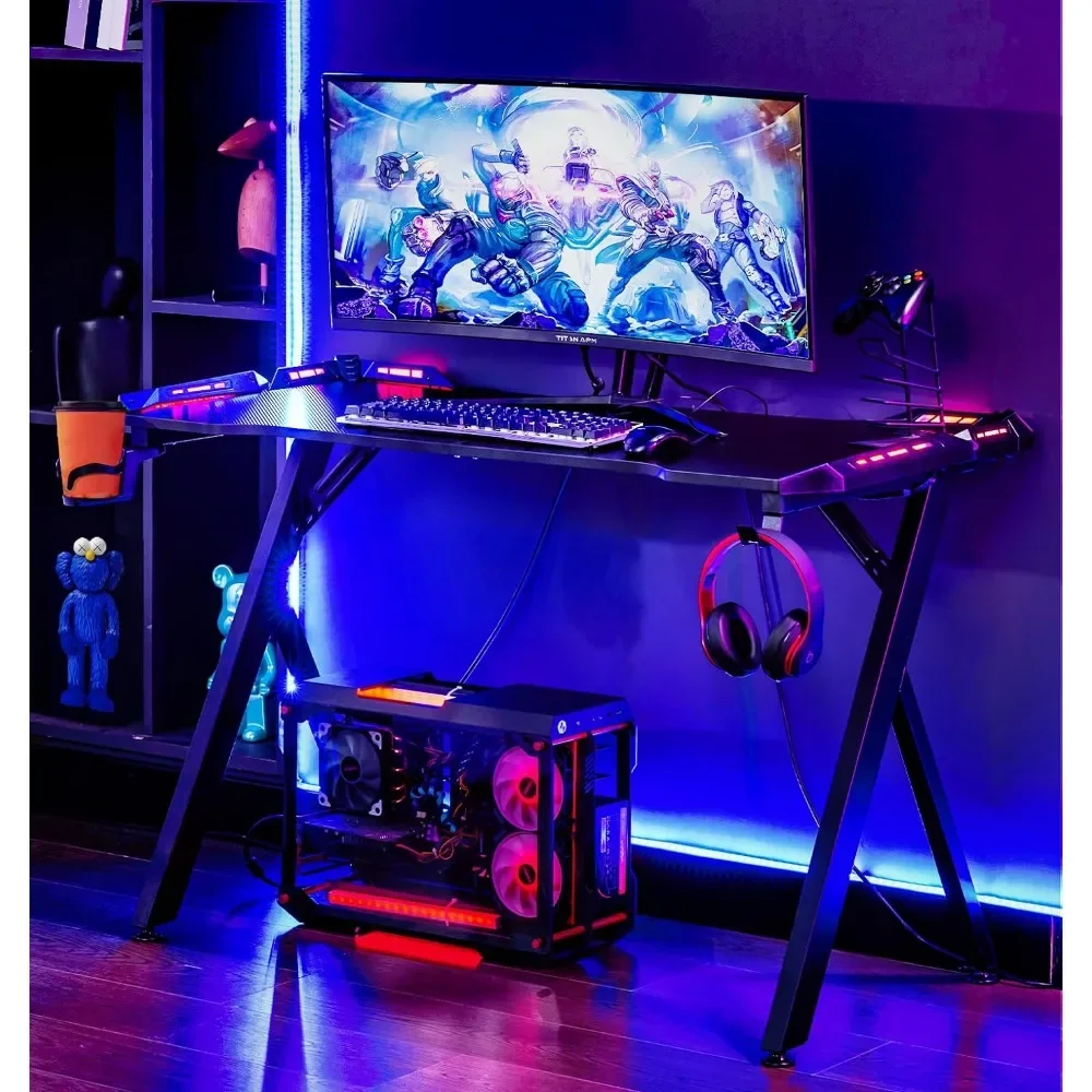 Laptop Desk RGB Gaming Computer Table With Carbon Fibre Surface Pc Workstation With Cup Holder and Headphone Hook Black 55 Inch