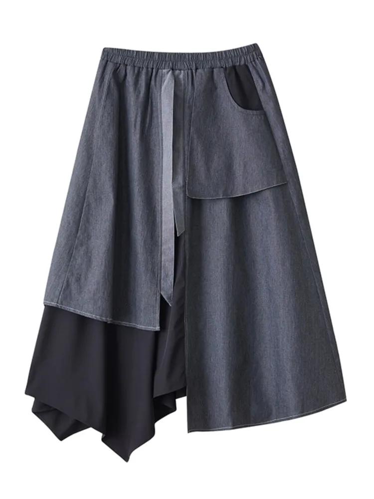 Gonna di jeans midi asimmetrica oversize primaverile Dark Academia Donna Moda patchwork Donna Gonne nere