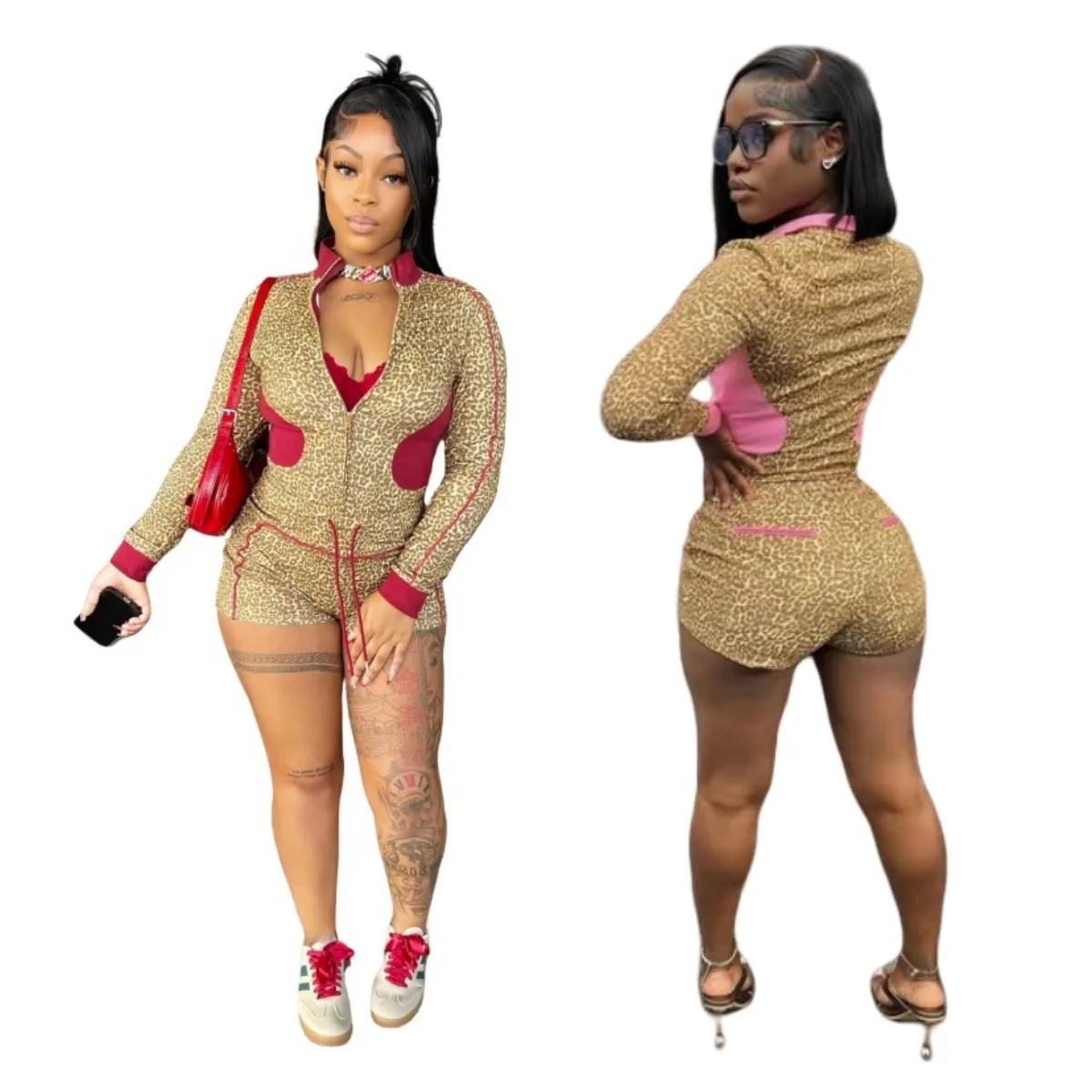 

Leopard Printed Women 2 Piece Set Long Sleeve Zipper Fly Sweatshirts Skinny Biker Shorts Matching Set 2025 Fitness Tracksuits