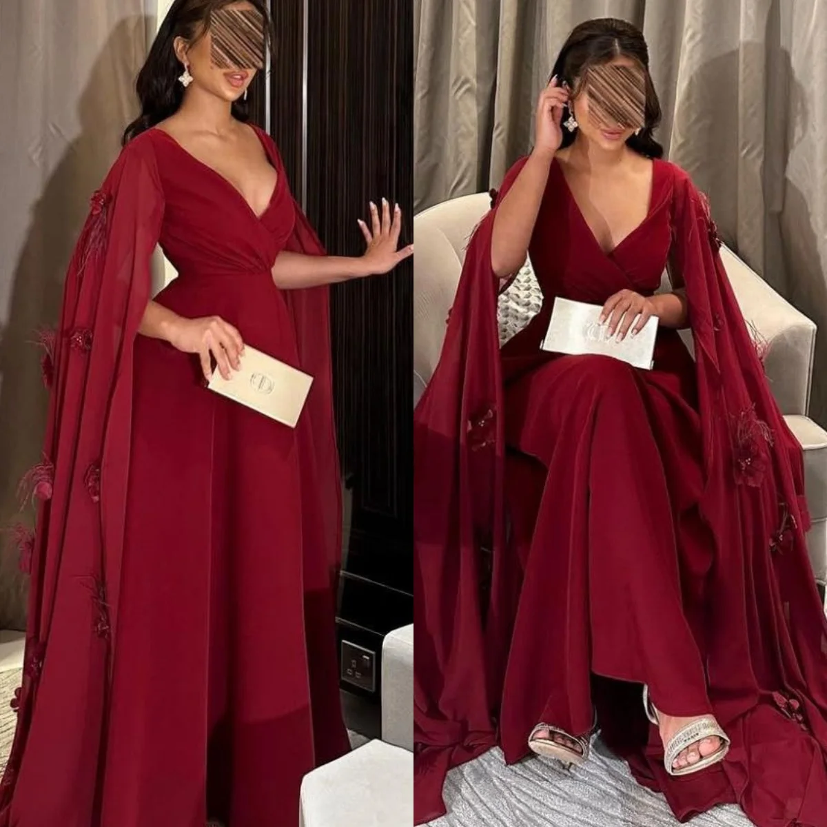 

Customized Exquisite Burgundy Jersey Evening Dress Elegant V-Neck Cap Sleeve Shawl Sleeveless Flowers Special Occasion Gowns
