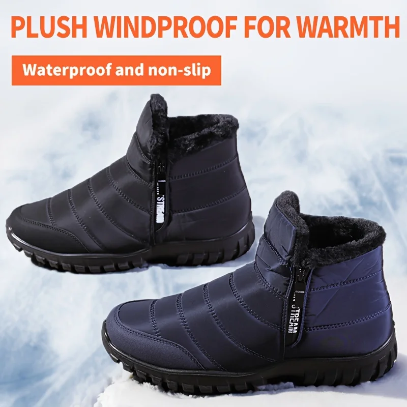 Men's Autumn Winter Side Zipper Snow Ankle Boots Waterproof Plush Lined Warm Casual Cotton Shoes, Free Shipping