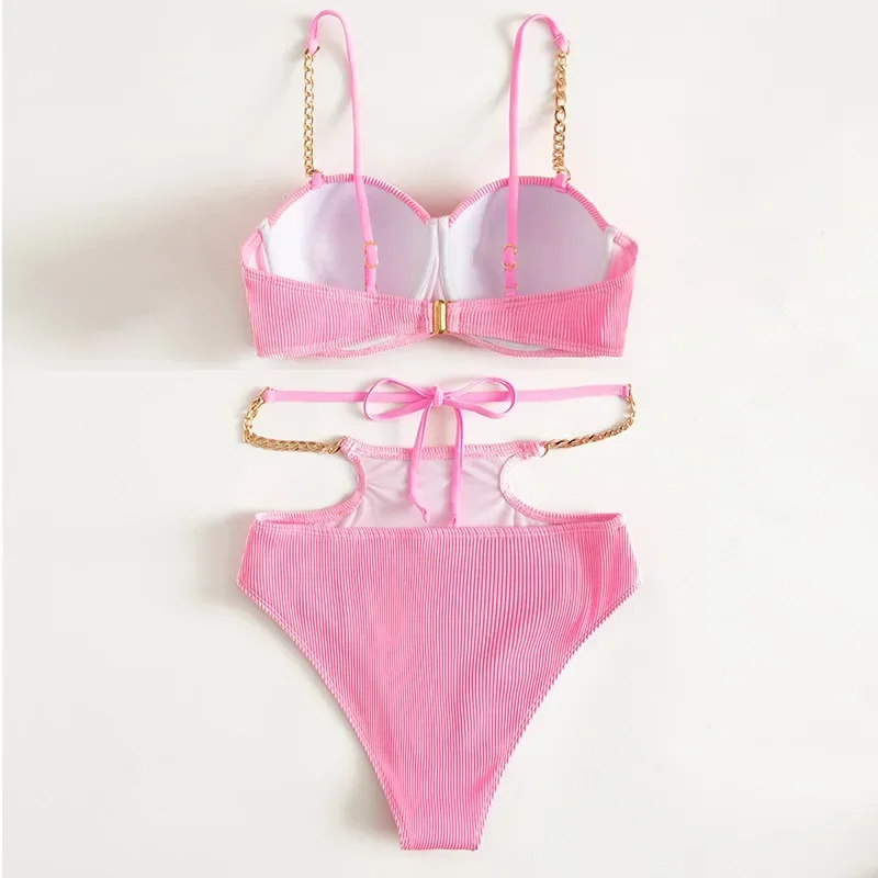 2024 rosa cintura alta tankini conjunto de biquíni roupas femininas maiô verão praia férias outfits corrente suspender maiô