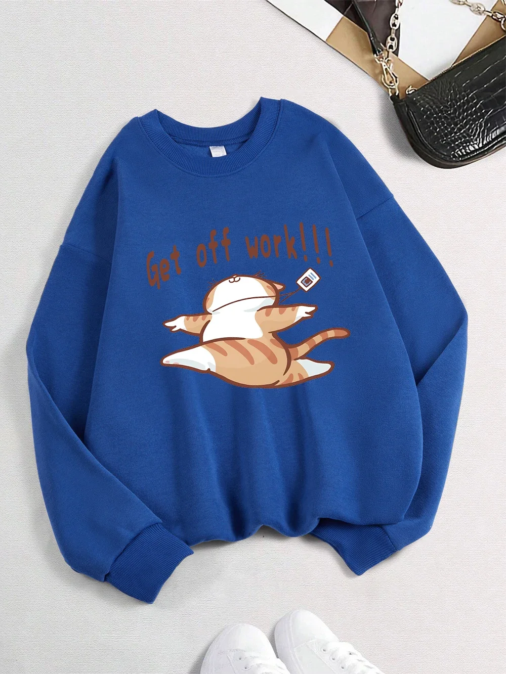 Walk Away From Work, Happy After Work, Cat Print Long Sleeved Women's Basic Pullover Hoodie, Casual Women's Autumn Outfit