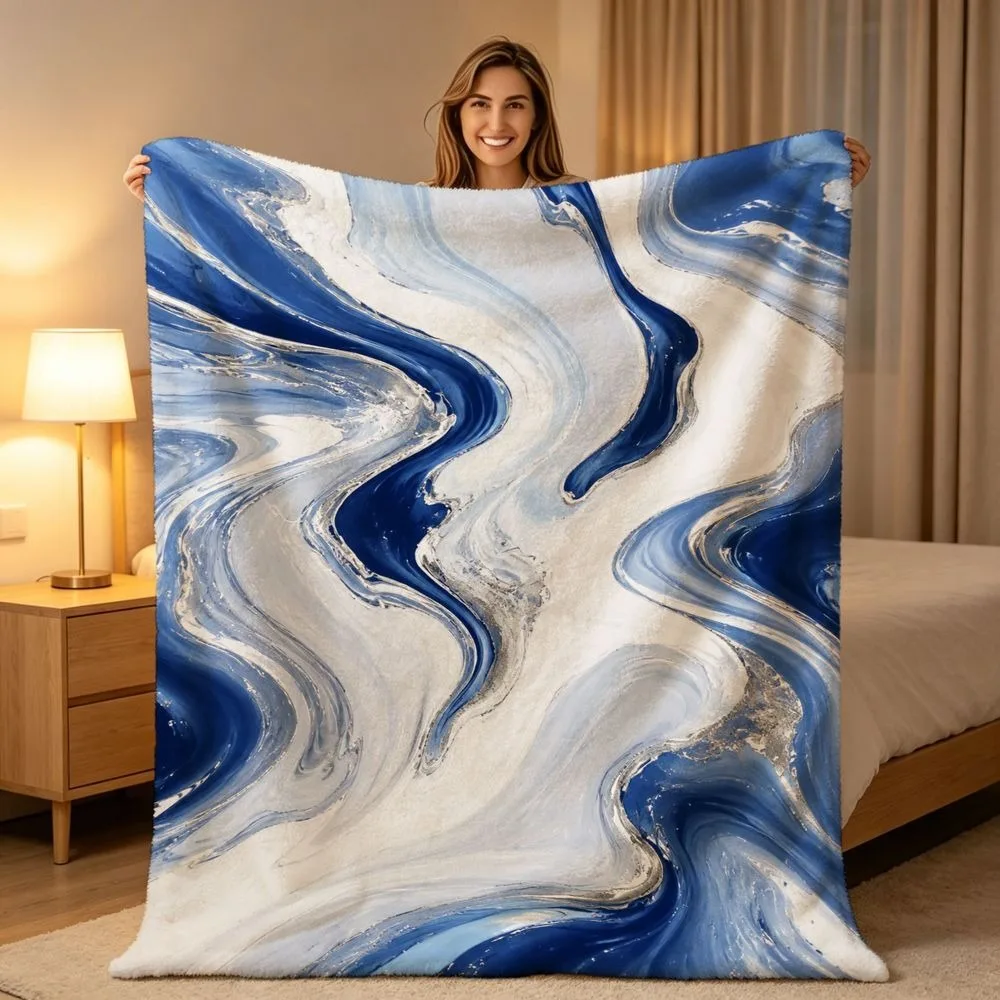 Stylish Abstract Blue Marble Swirl Print Throw Blanket Luxury Silver Foil Fluid Pattern Soft Warm Sofa Bed Blanket All Season