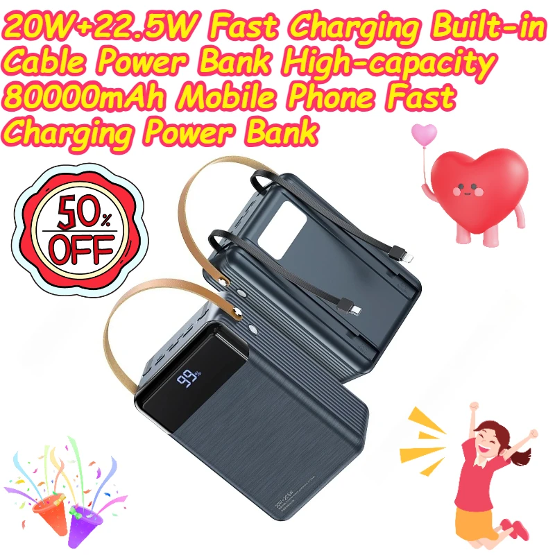 

20W+22.5W Fast Charging Built-in Cable Power Bank High-capacity 80000mAh Mobile Phone Fast Charging Power Bank