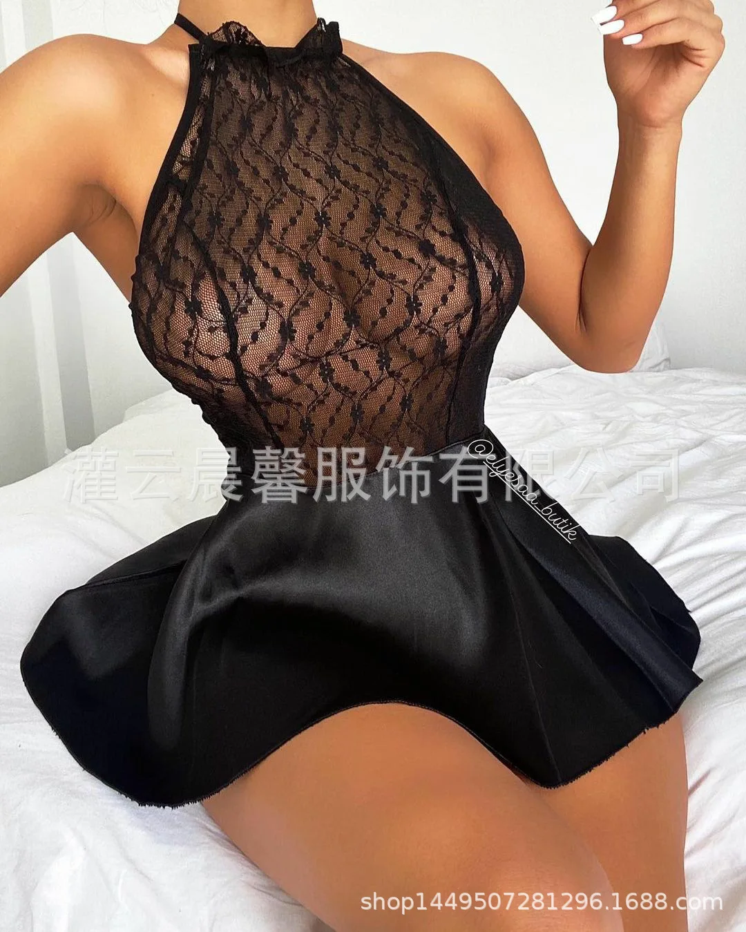 Sexy Solid Color Mesh Flower Print Dress Hanging Neck Backless Deep V Sleeveless Dress Charming Elegant Pure Desire Casual LBXC