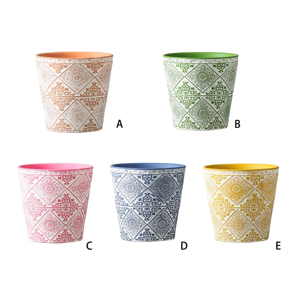 

Ceramic Flower Pot Planter Flowerpot Round Glazed Surface Outdoor Embossed Pattern Plants Orchid Home Office Sense Blue