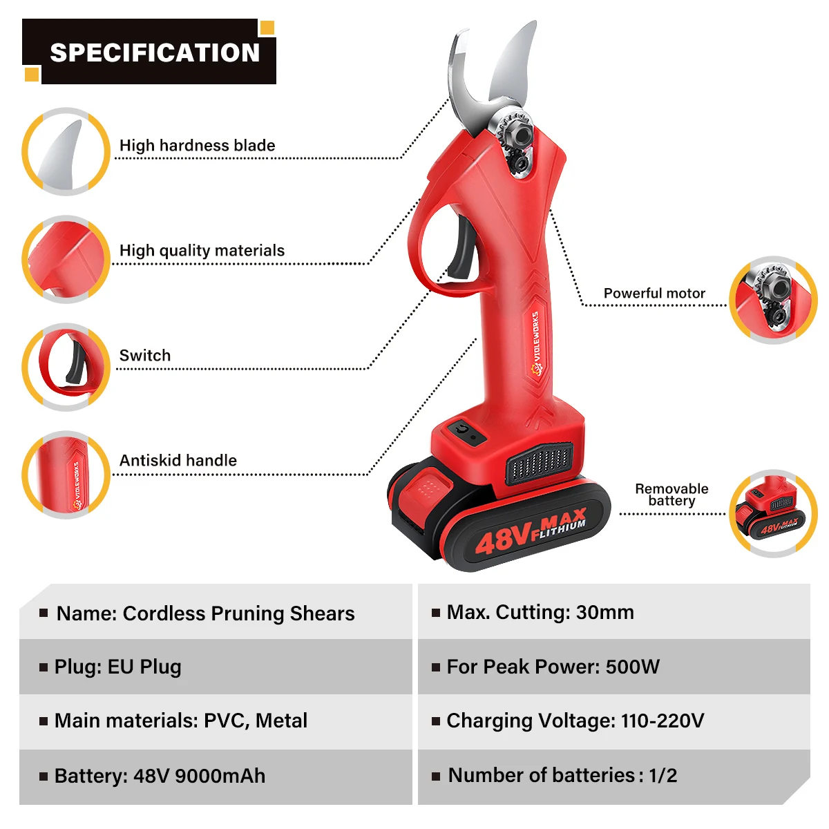 Sécateur électrique sans fil avec batterie lithium-ion, sécateur efficace pour bonsaï, coupe-branches, prise UE, 48VF, 2 pièces