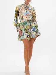 Women Flower Printed Turn-down Collar Beaded Waist Lace-up Full Sleeve Single Breasted 100% Silk Shirt Mini Dress