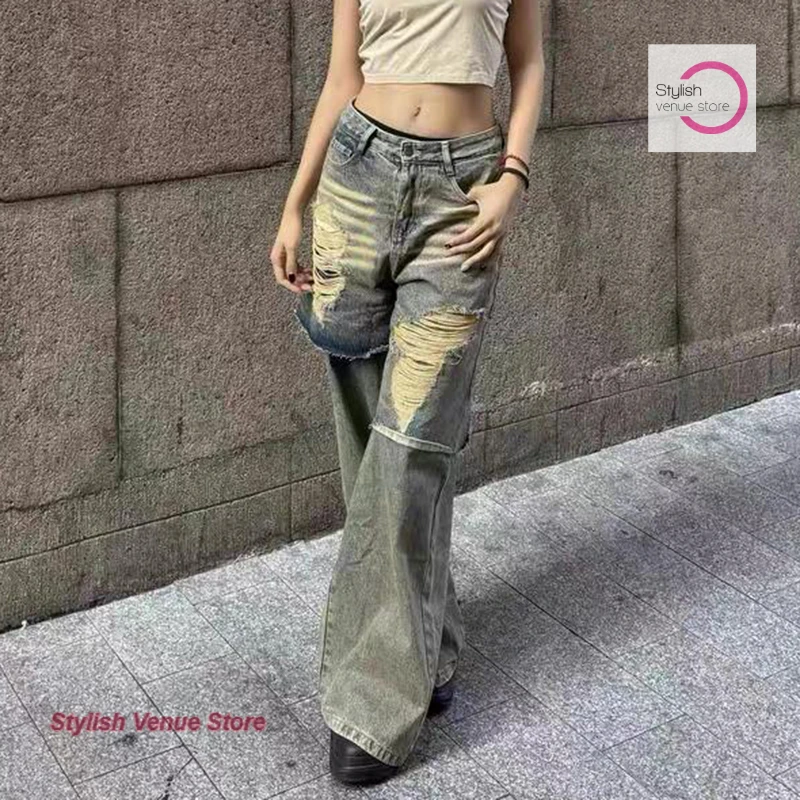 American street heavy industry washed mud dyed holes fake two pieces of jeans women's new summer niche design loose drape pants