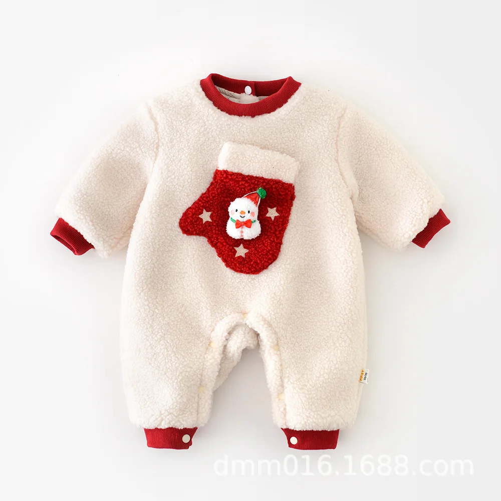 2024 Winter Baby Girls Jumpsuit Plush Thickened Christmas Hairy Warm Infant Girls Rompers Newborn Girls Thickened Bodysuit