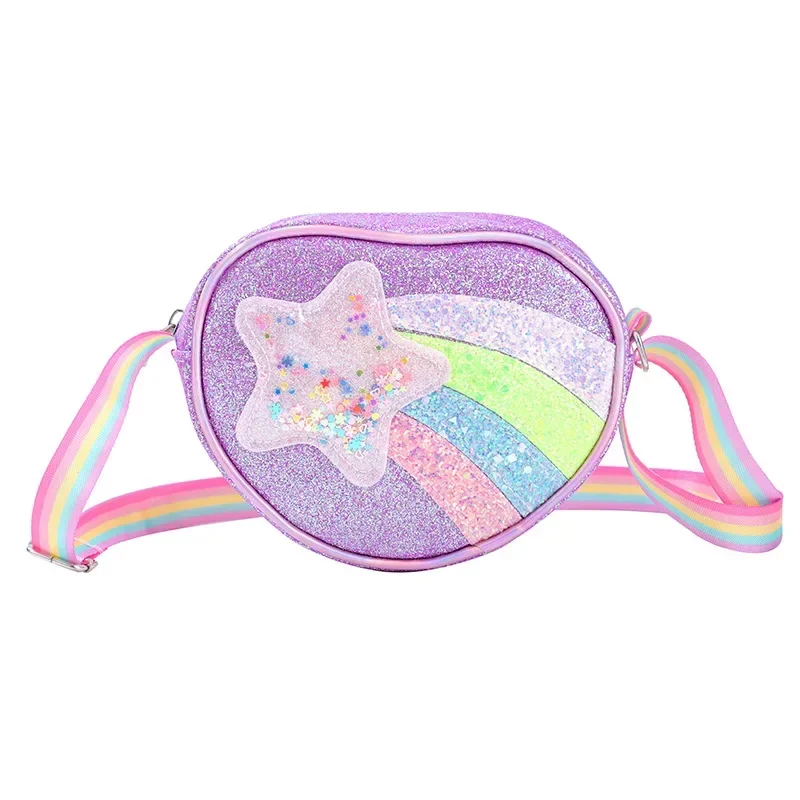 Girls Heart Shape Mini Bag Rainbow Glitter Waist Bag New Kid Shoulder Bag Cartoon Rainbow Sequin Bags Toddler Princess Purse