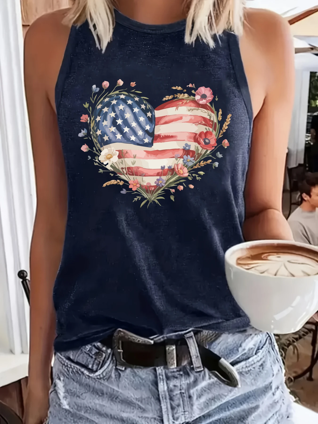 Women's Plus Size Vest for Independence Day Heart Flag Flowers Stars Stripes Suitable for sports and daily wear sleeveless