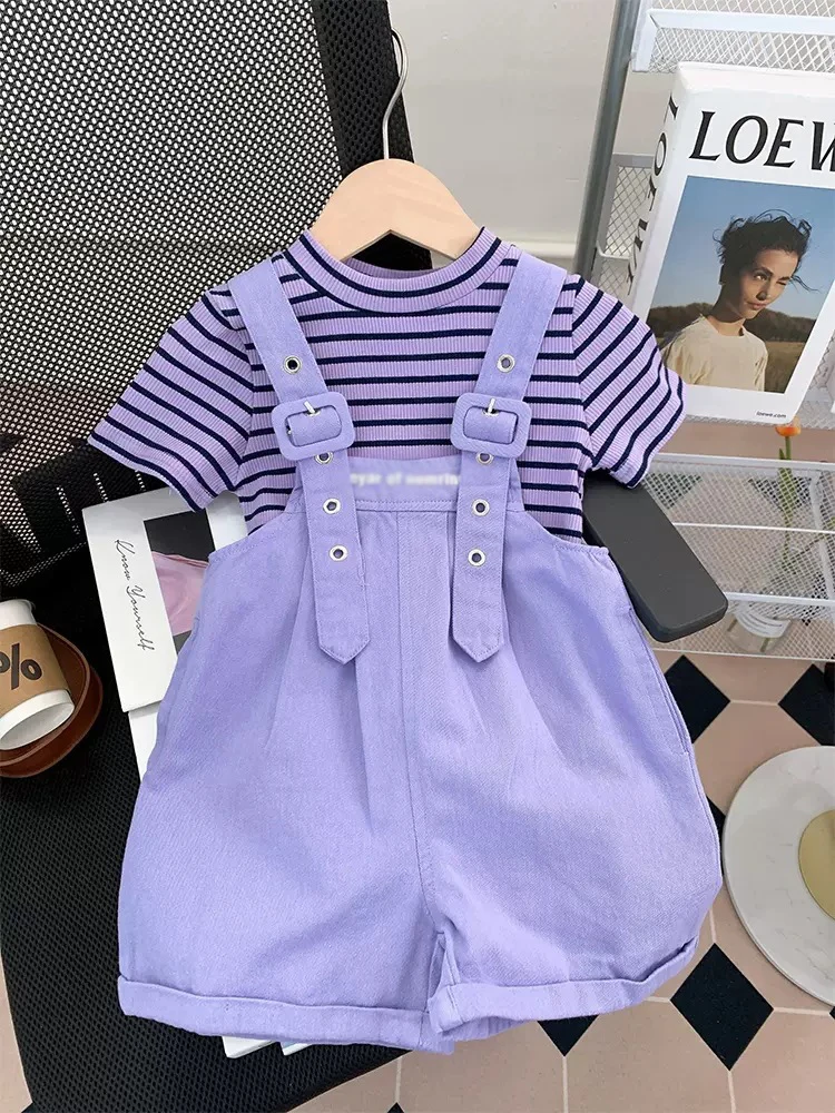 Girls\' Clothing Sets 2023 Summer New Children\'s Fashionable Baby Girl Stripe Sleeveless Tank Top+ Strap Pants Two Piece Set