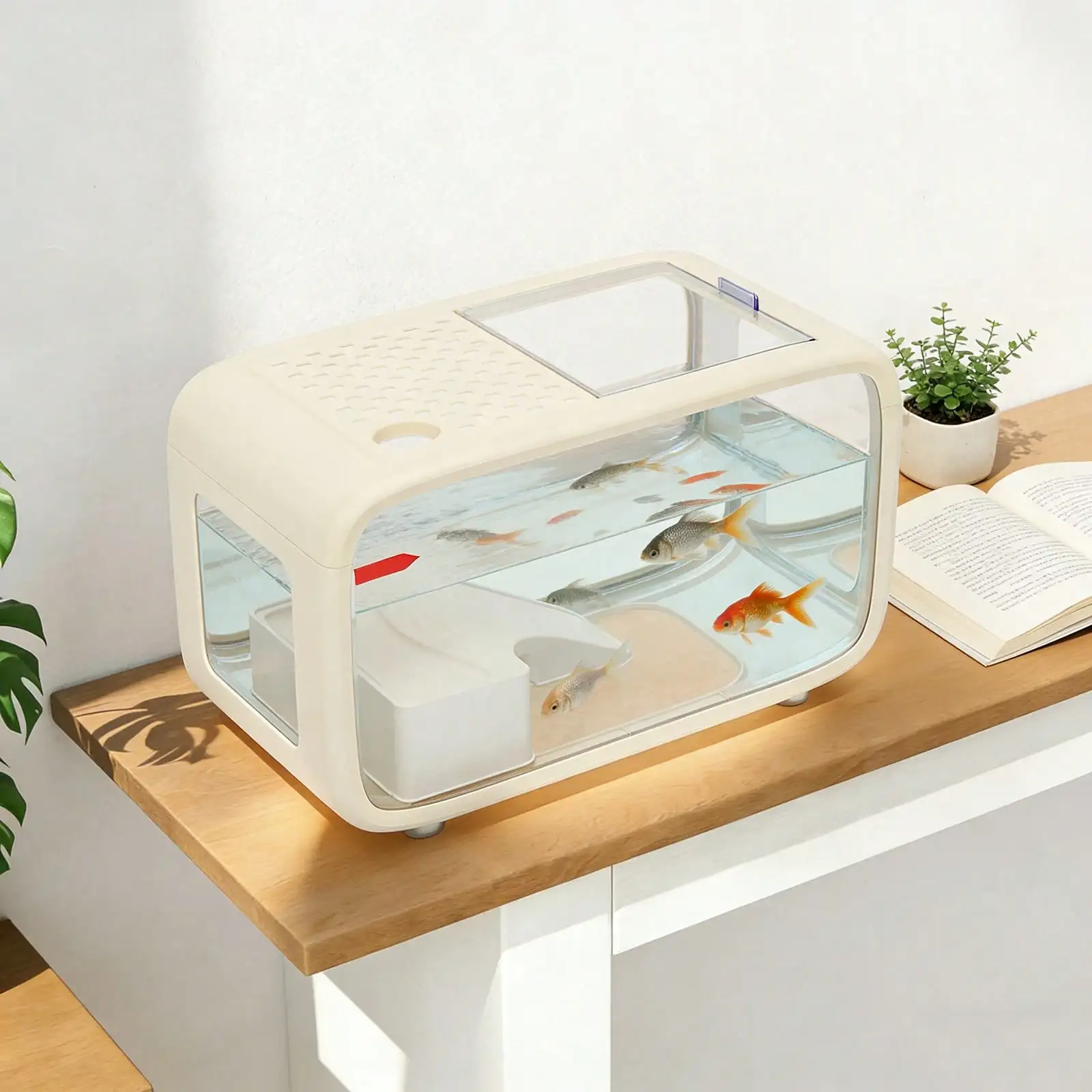 Desktop Fish Tank With Climbing Frame – 3.17 Gal Self-Cleaning Small Aquarium, HIPS + AS Material High Clarity, Top Feeding Hole & Handle Lid, Modern Rectangular Fish Bowl For Betta Shrimp Turtle (White/Brown/Black)