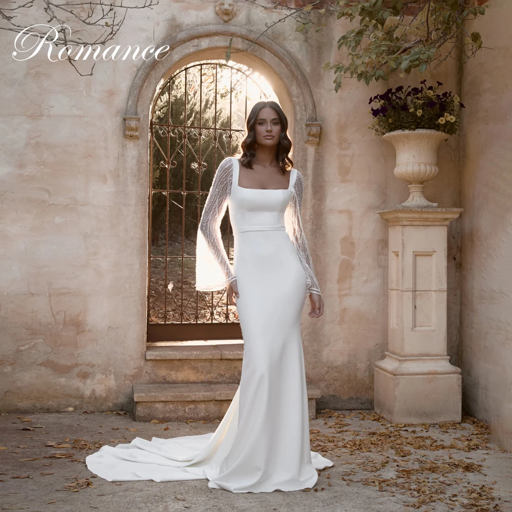Elegant Square Collar Mermaid Wedding Dress Lace Long Sleeves Open Back Sweep Train Bridal Gown Vestidos De Novia Customized