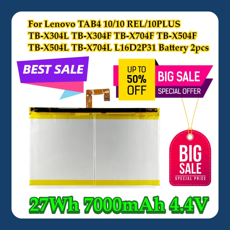 

Для Lenovo TAB4 10/10 REL/10PLUS TB-X304L TB-X304F TB-X704F TB-X504F TB-X504L TB-X704L 27 Втч 7000 мАч 4,4 В L16D2P31 Аккумулятор 2 шт.