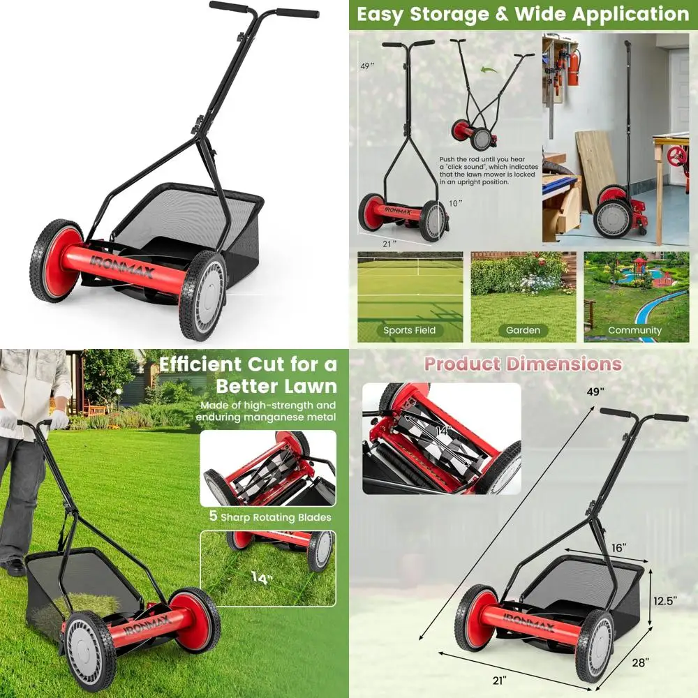 Kabelloser manueller 14-Zoll-Rasenmäher mit 5 Klingen und 7-Gallonen-Beutel, verstellbarer begehbarer Grasschneider für eine effiziente Gartenwartung