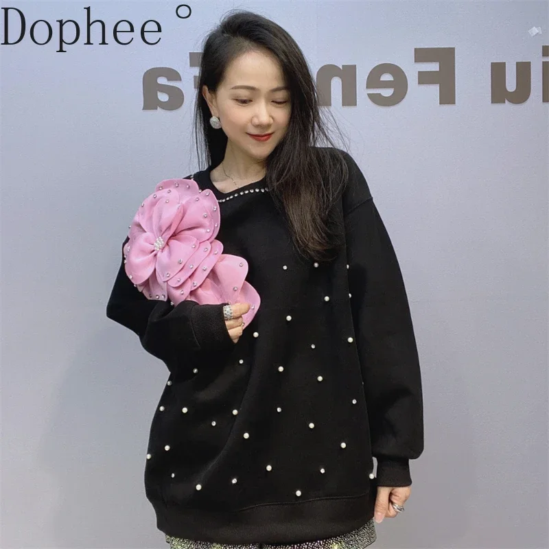 2024 New Autumn Winter Long Sleeve Sweatshirt Women Loose O-neck Pullover Top 3d Flower Beads Black Casual Female Hoodie O-neck