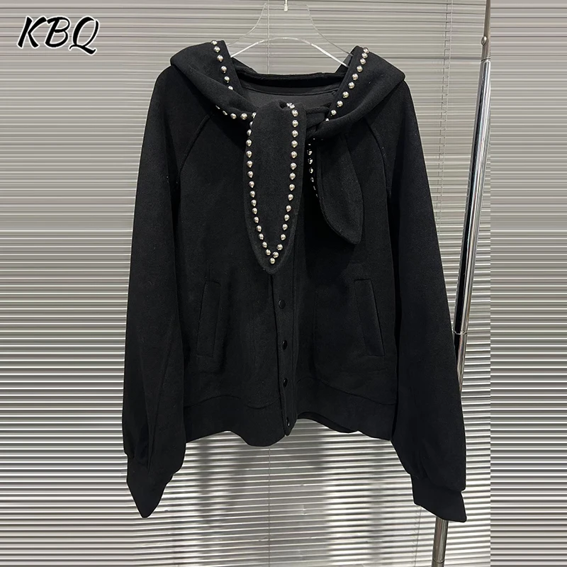 

KBQ свободный свитер с жемчугом, пальто для женщин, с капюшоном и длинными рукавами, дизайн Sense, элегантный шикарный вязаный кардиган, женская мода