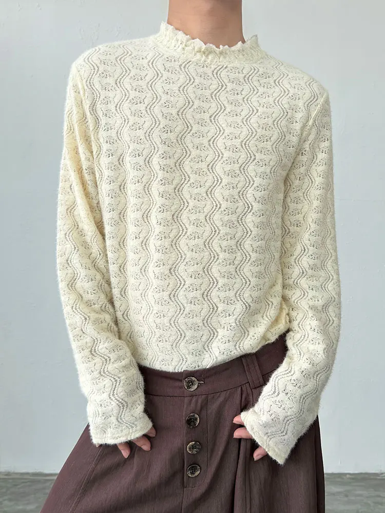 BKYC Autumn Winter Design Wooden  Half High Collar T-Shirt Base Shirt Unisex Neutral Style Lace Fluffy Sensation Inner Wear