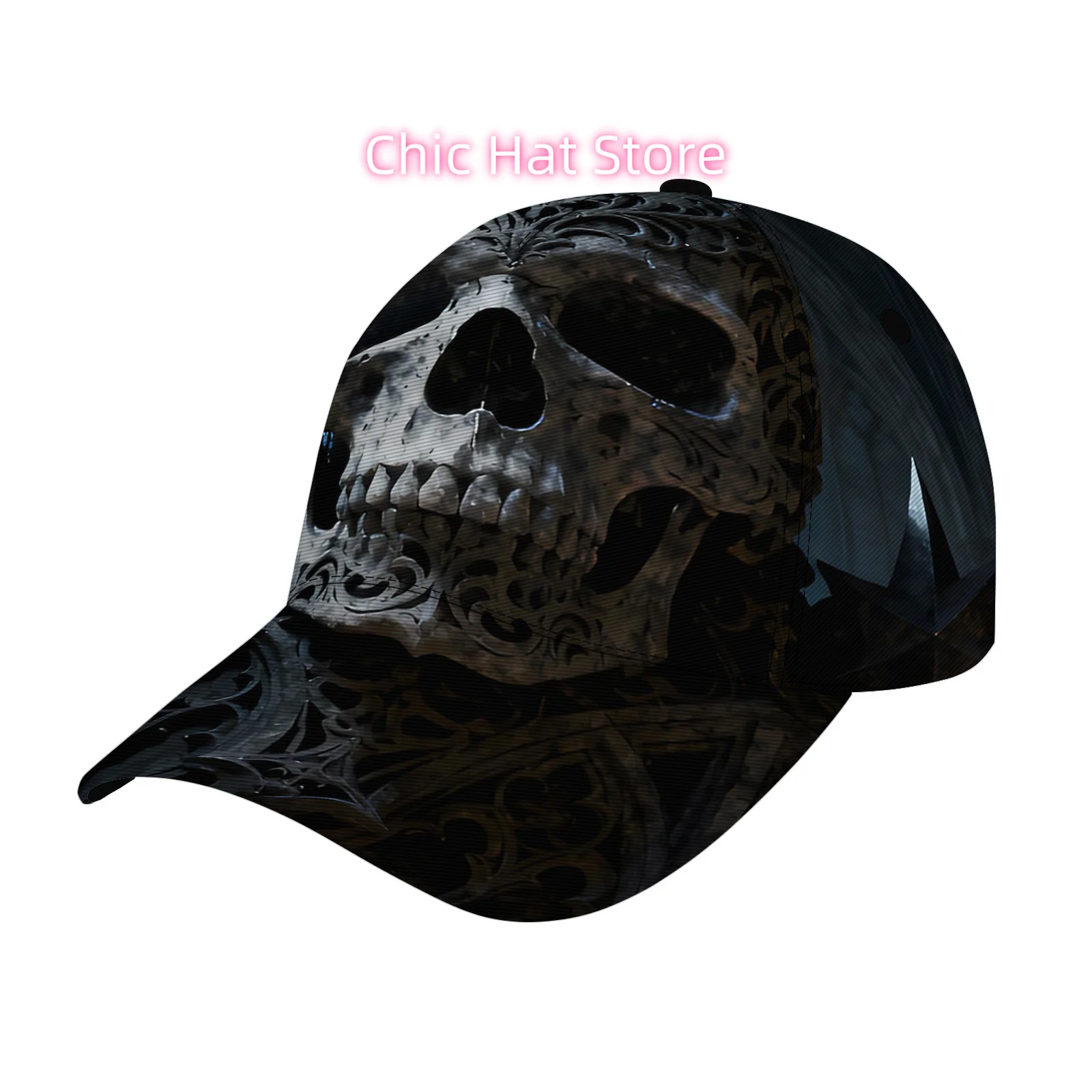 A Black And White Pixelated Skull Street Style Baseball Cap with an Adjustable Size, Perfect for Sporty Fashion Additions