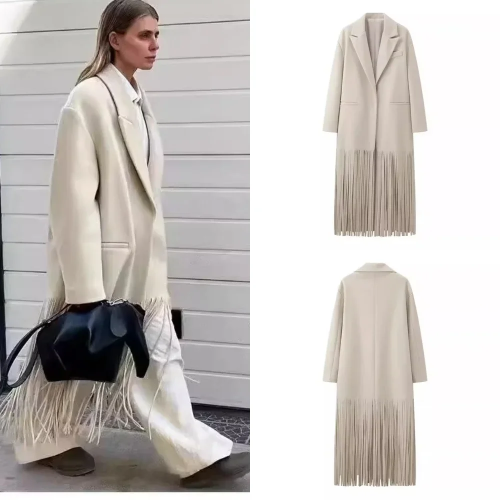 Tassel Apricot Women's Coat Elegant Autumn Long Sleeve Lapel Female Coats 2024 Winter Fashion Streetwear Pocket Lady Overcoats