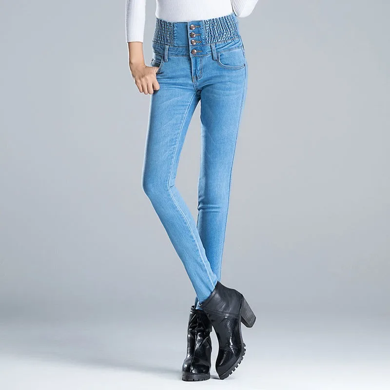 Calça jeans skinny de cintura alta super feminina, jeans stretch, leggings lápis, tamanho grande, fly de botão, streetwear, nova