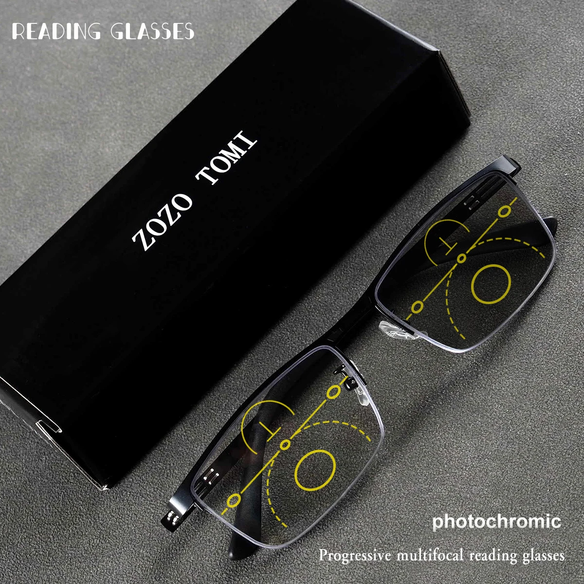 Photochrome, progressive multifokale Lesebrille, Metall-Halbrand, Federscharnier, angenehm zu tragen, Unisex.