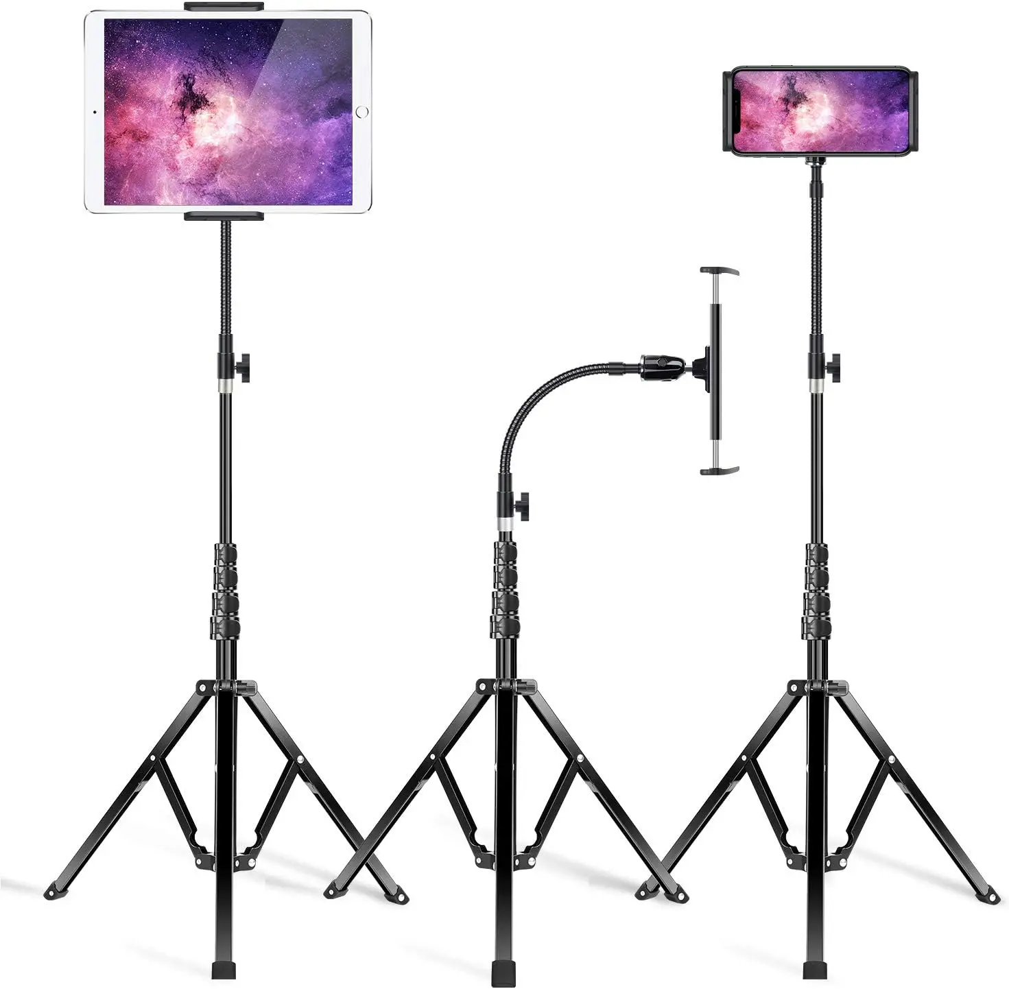 

Adjustable 72'' Metal Tripod Stand for Tablets & Phones, Heavy Duty Aluminum Floor Holder with Flexible Gooseneck