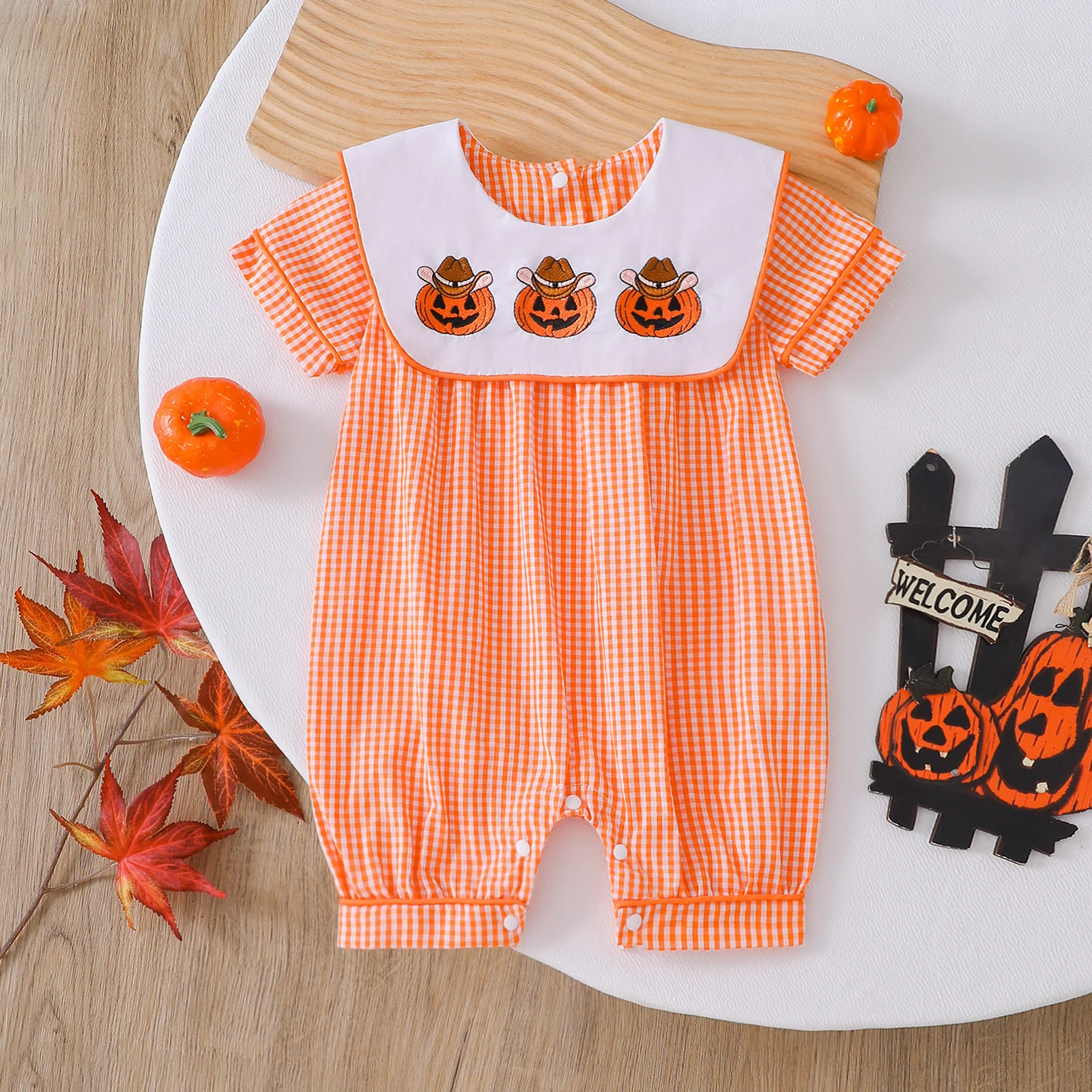 

Autumn Neutral Baby Halloween Romper Orange Gingham Pumpkin Cowboy Embroidery Short Sleeve Party Jumpsuit