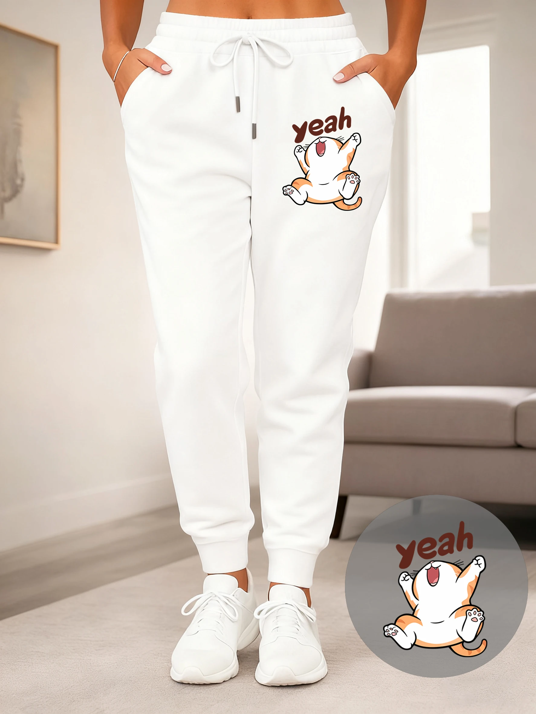 

Женские спортивные штаны Yeah Happy с мультяшным принтом кота, флисовая модная спортивная одежда, уличные удобные брюки с карманами, осенние спортивные штаны