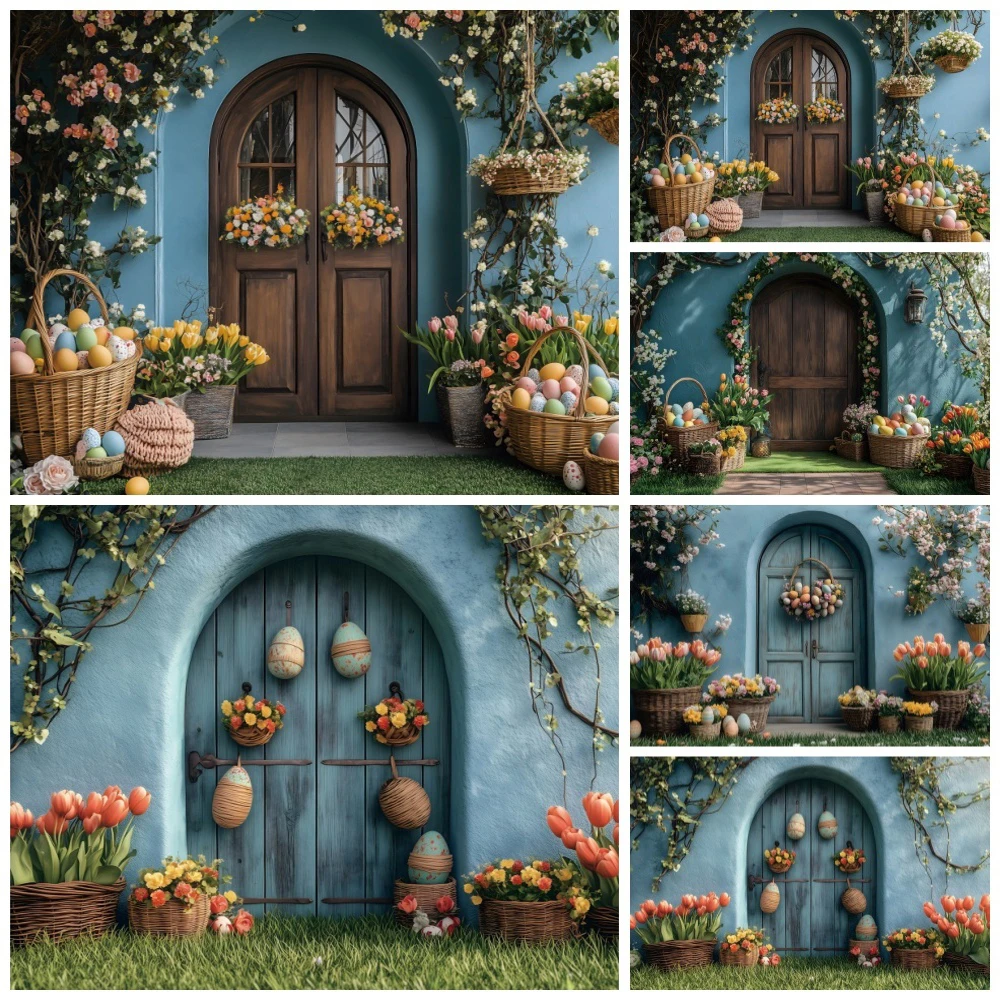 

Retro Easter Photography Background Wooden Door Flower Floral Eggs Party Decor Kids Portrait Backdrop Photobooth Studio Props