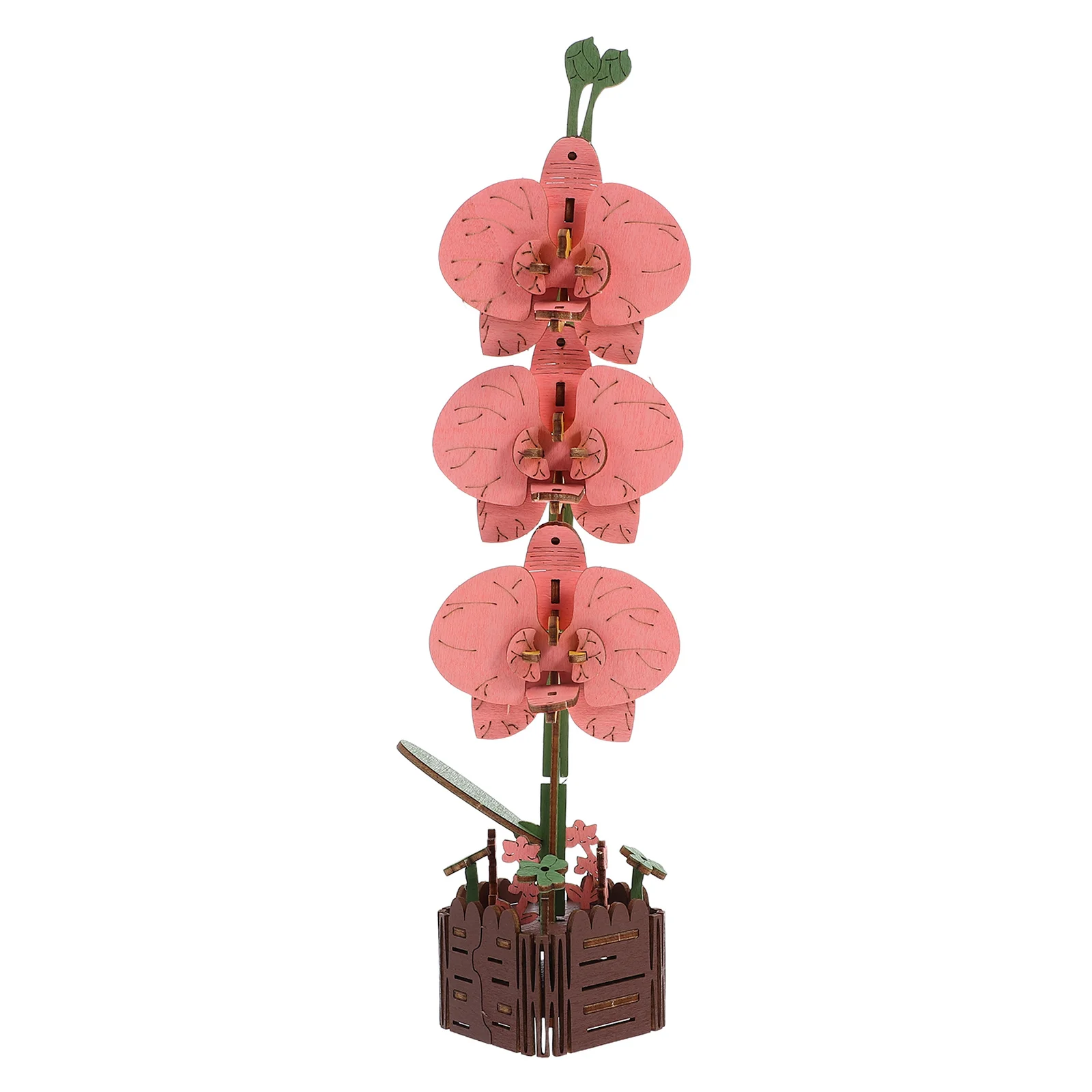 3D Wooden Flower Building Blocks Set Phalaenopsis Artificial Bouquet Craft Kit Diy Puzzle For Desktop Decor - Wood Assembly