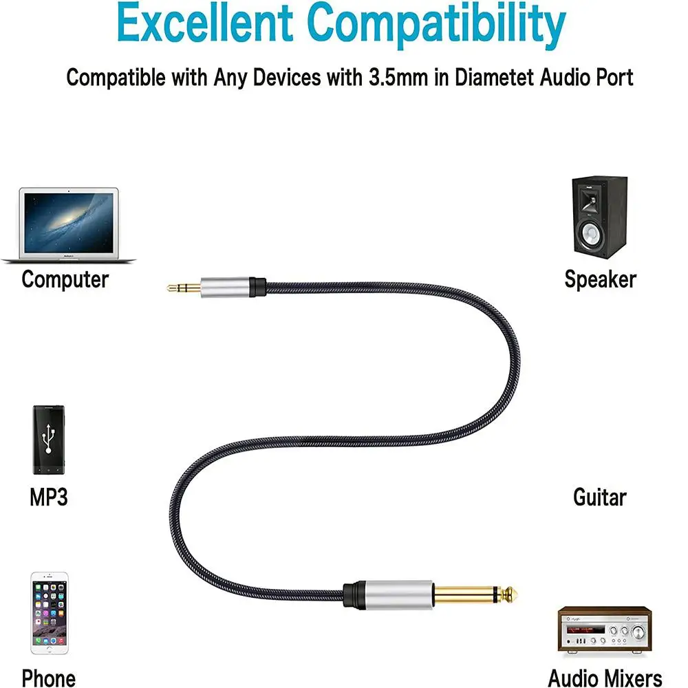 Cable adaptador de interconexión Mono a estéreo de 3,5mm TRS a 6,5mm TS, 1,5 metros, Compatible con IPhone, PC, sistema estéreo doméstico