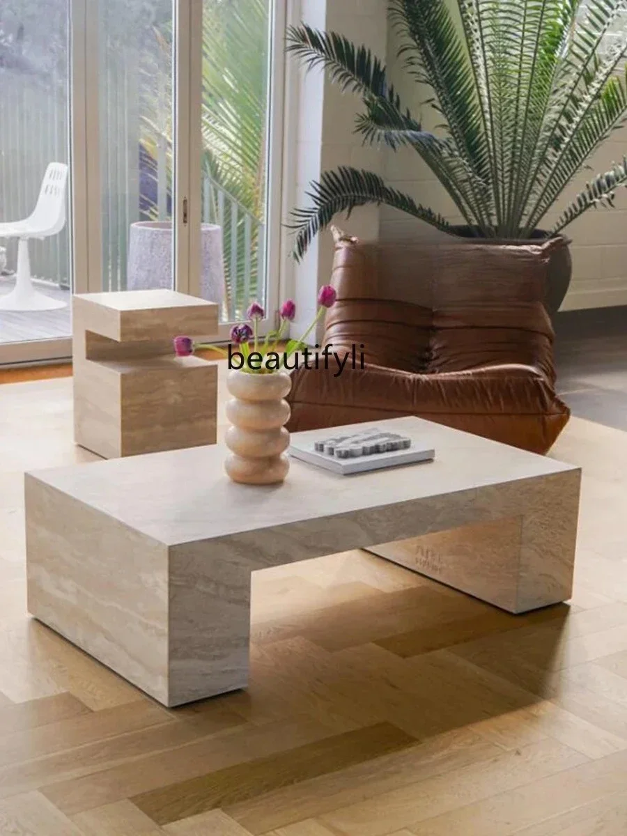 yj32 Nordic natural travertine coffee table light luxury wabi sand wind simple light luxury living room high-end marble coffee t