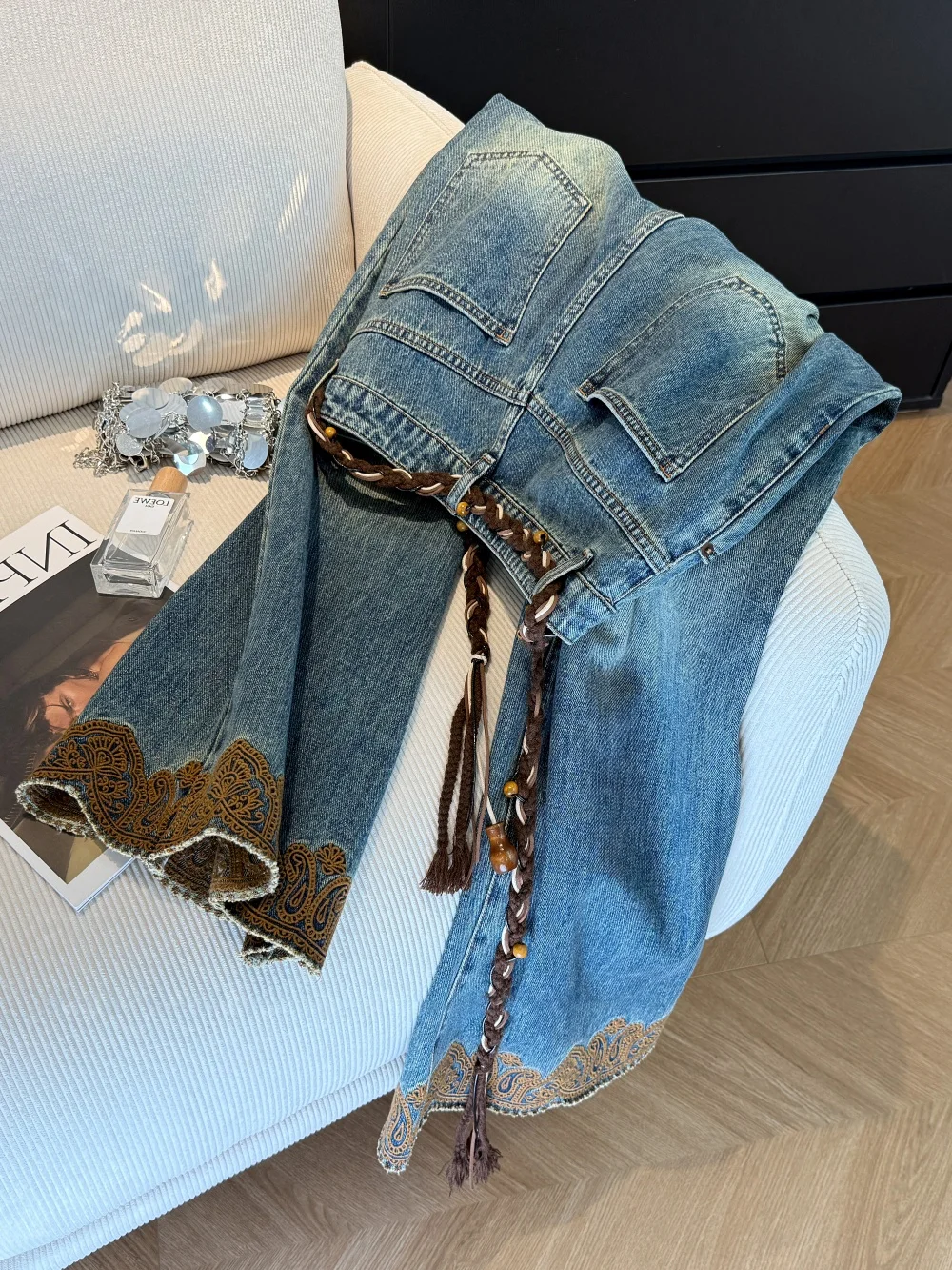 

New Chinese Style Retro High Waist Embroidered Flared Jeans Women's Spring Autumn Streetwear Loose Slim Wide Leg Pants