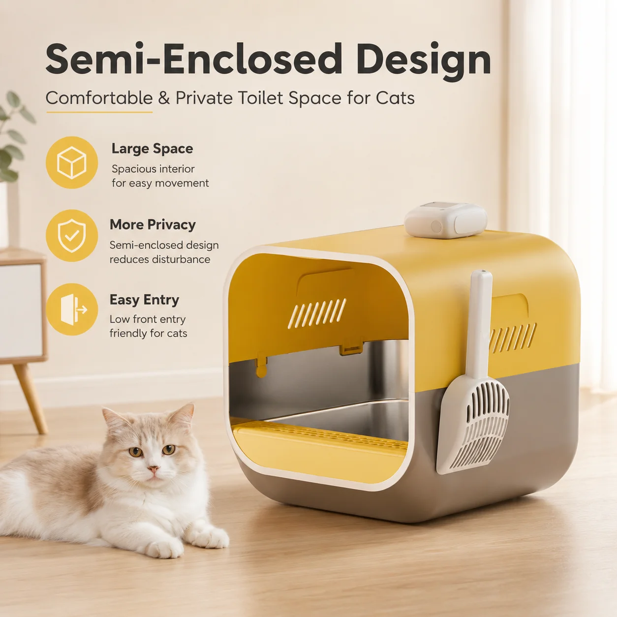 Semi Enclosed Stainless Steel & Plastic Cat Litter Box with Metal Tray Large Capacity Odor Spray Video Option for Indoor Cats
