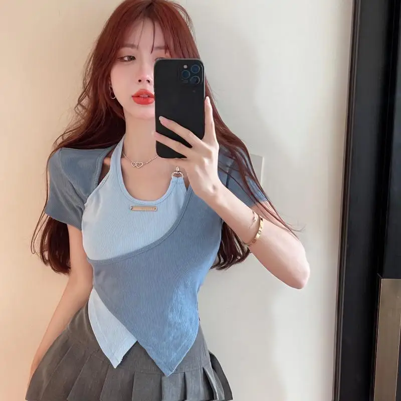 Sweet And Spicy Crossbody Short Sleeve T-Shirt Women's Summer Unique Special Shoulder Hanging Neck Top Color Block Fake Two-Piec