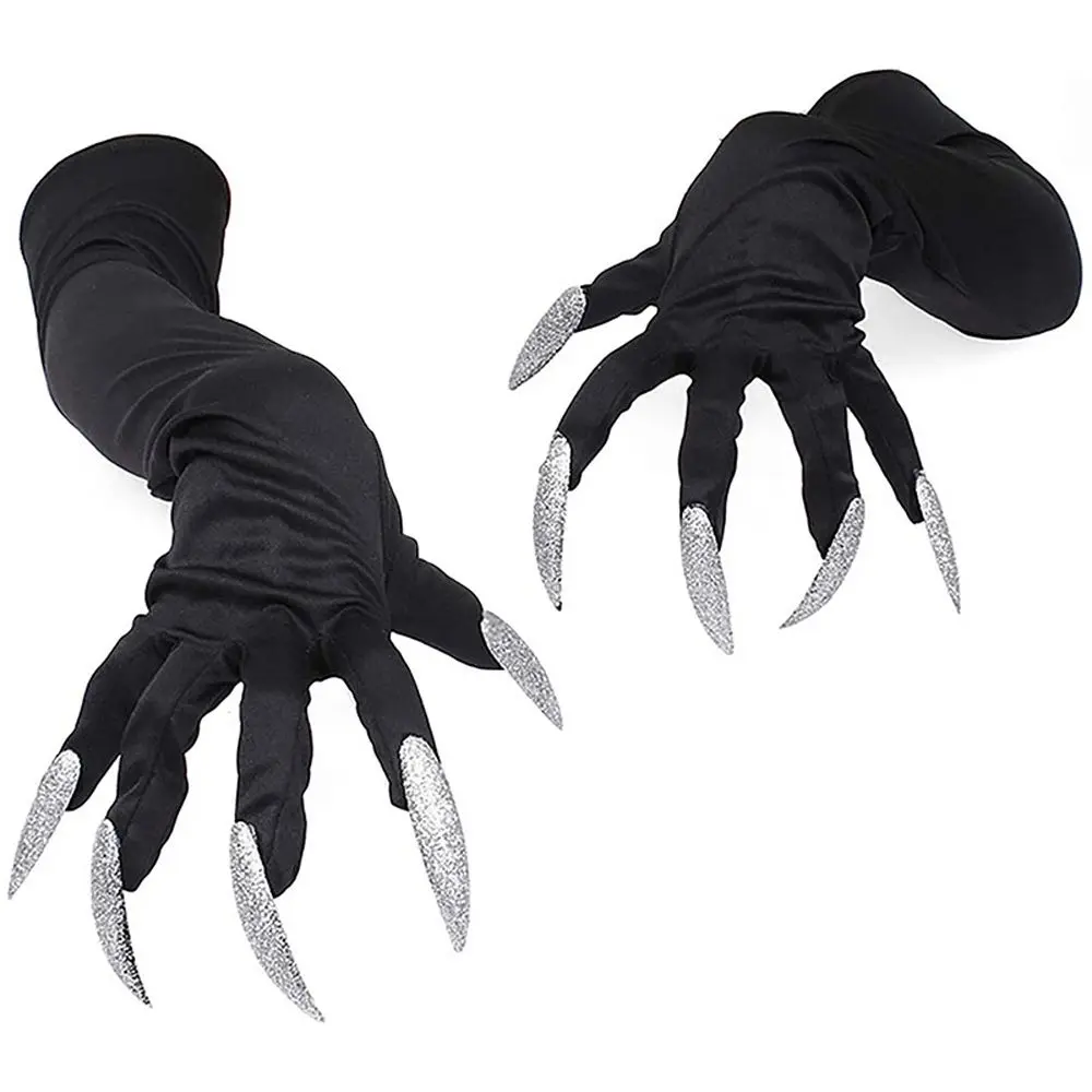 Festival Party Cool Girls Ghost Claw Black Silver Long Nails Mittens Fancy Props Halloween Cosplay Gloves Witch Cosplay Costume