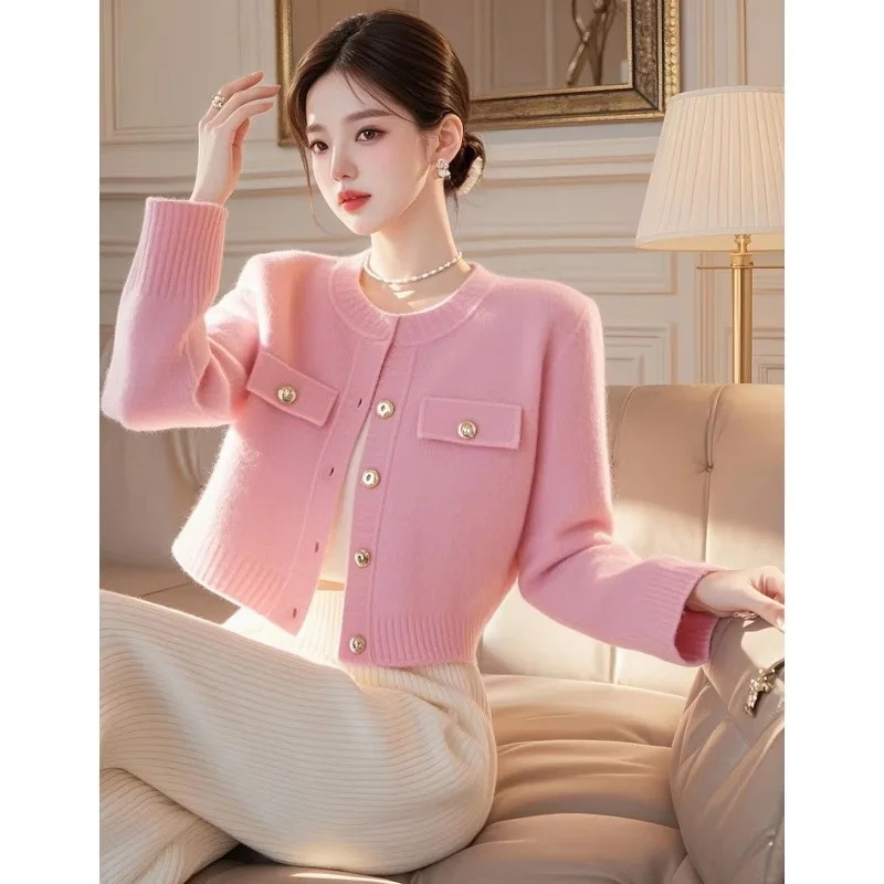 

New High End Fashion Elegant Knitted Two Piece Set Women Pink Long Sleeve Sweater Coat + Wide Leg Pants Small Fragrance Suit