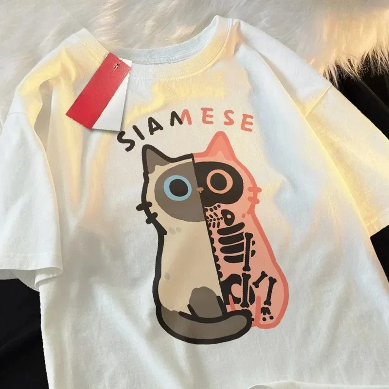 2026 Cartoon Cute Cat and Dog Pattern Fun Ladies T-shirt Loose T-shirt T-shirt Street Cool Short Sleeve Vintage  Fashion Y2K Top