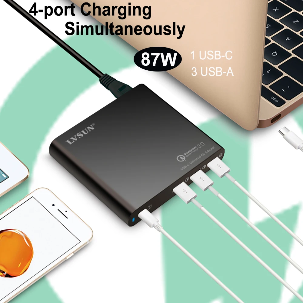 

87W Universal QC3.0 USB-C Type-C Charger Laptop Adapter with USB A Quick Charger for Macbook HP Spectre 13 Yoga 5 Lenovo Huawei