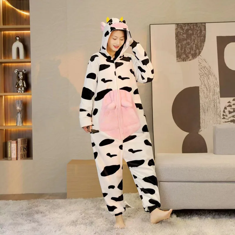 Cute Animal Pajamas for Men Women Winter Flannel Hooded Pajamas Crocodile Capybara Giraffe Cow 4