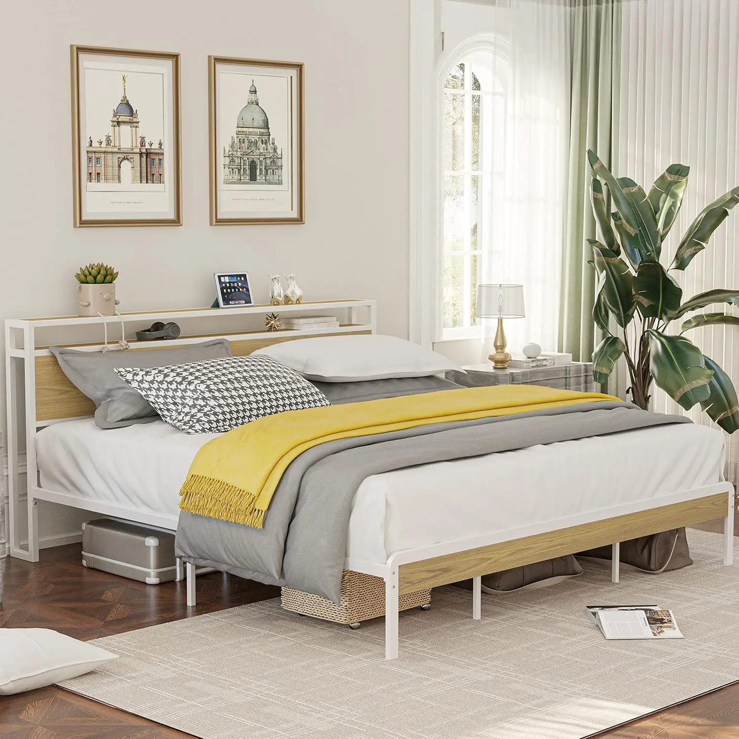 LIKIMIO Queen Bed Frame, Platform Bed Frame with 2-Tier Storage Headboard and Strong Support Legs, More Sturdy, Noise-Free